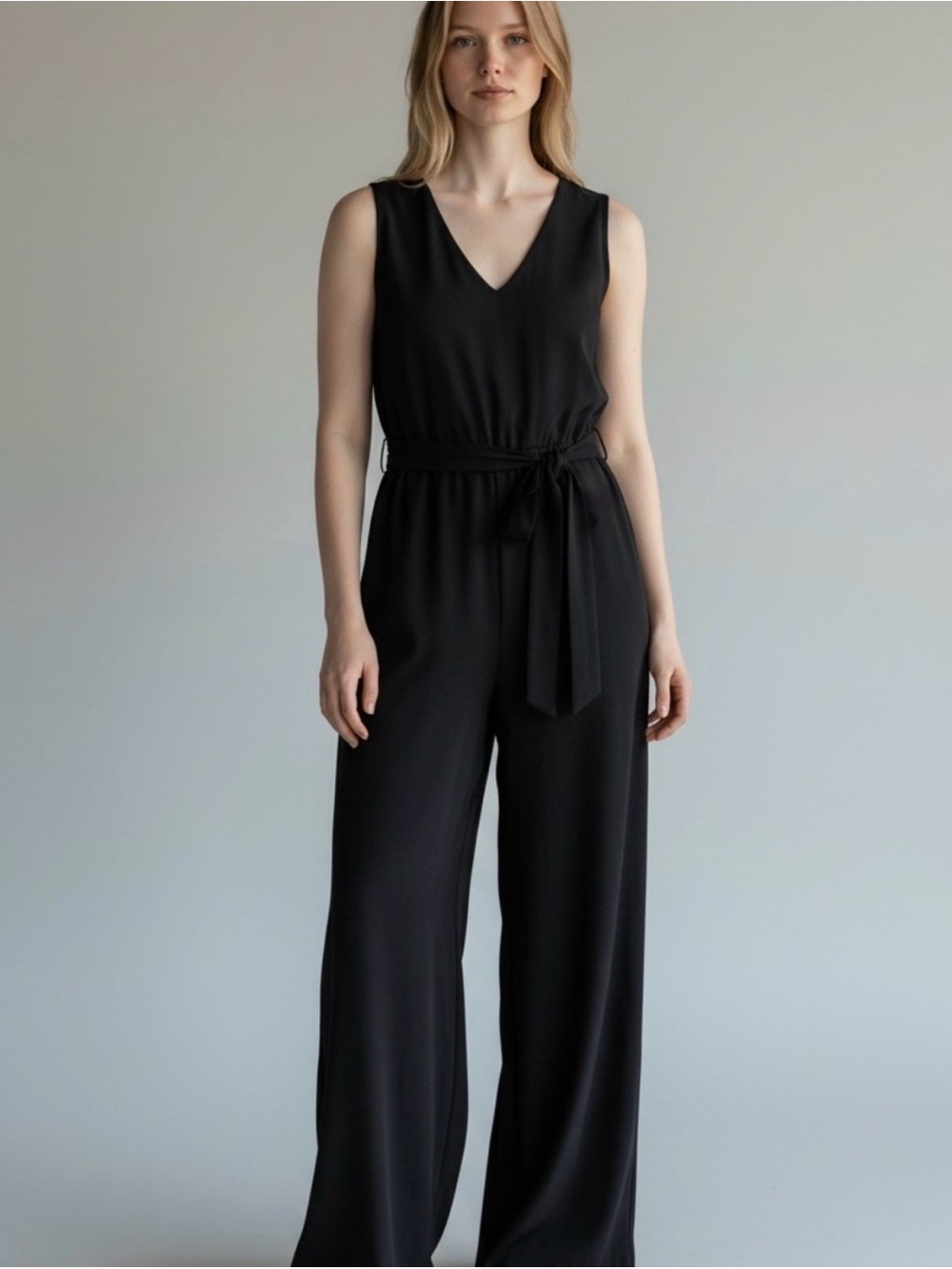 Calvin Klein Sleeveless V-Neck Black Jumpsuit with Waist Tie